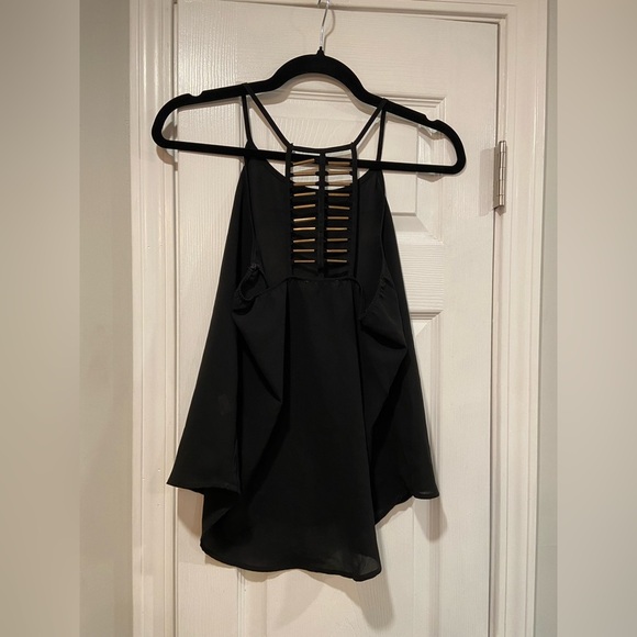 MINE Size S Black Flowy Racerback Spaghetti Strap Tank Top Open Gold Beaded Back - Picture 2 of 9